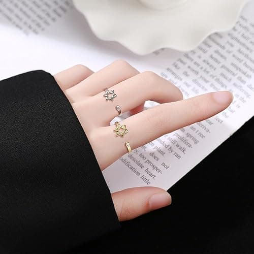 YILUOCD Star of David Zircon Ring for Women, Simple Magen David Wiccan Amulet, Hexagram Adjustable Rings Jewish Jewelry thumbnail 5