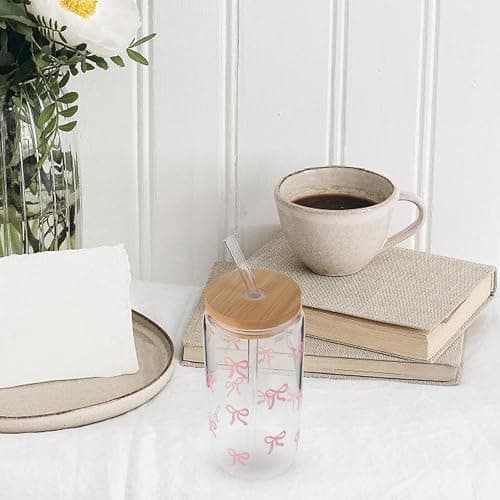 TOPPERFUN Cute Glass Water Cup with Lid and Straw: 400ml/ 13.5oz Glass Tumbler Drinking Set Travel Mug, Cute Bowknot Design Reusable for Beer Iced Coffee Whisky Water thumbnail 5