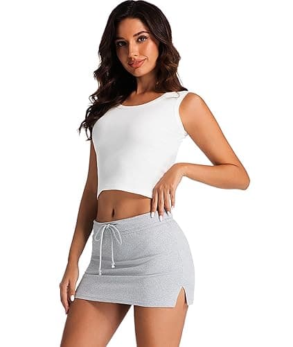 EG CHRIS G Women's Mini Skorts with Drawstring Mid Waist Side Split Bodycon Y2K Mini Skirt with Shorts - Large - Grey thumbnail 4