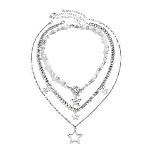 Inactwin Star Y2k Silver Necklace Grunge Layered Necklace Cute Aesthetic Stack Toggle Chain Necklaces Gothic Vintage Emo Jewelry Set for Women thumbnail 7