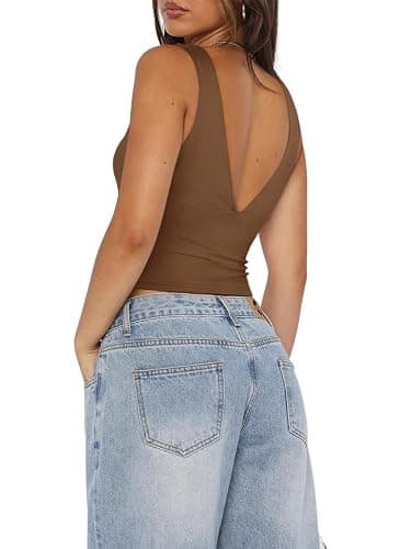 REORIA Women's Sexy Plunge Deep V Neck Sleeveless V Backless Tank Top Workout Yoga Crop Tops thumbnail 2