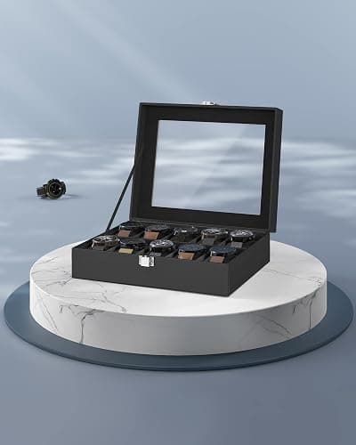 SONGMICS Watch Box with 10 Slots, Watch Case with Glass Lid, Watch Display Box with Removable Watch Pillows, Metal Clasp, Gift Idea, Black Synthetic Leather, Black Lining JWB010B02 thumbnail 7
