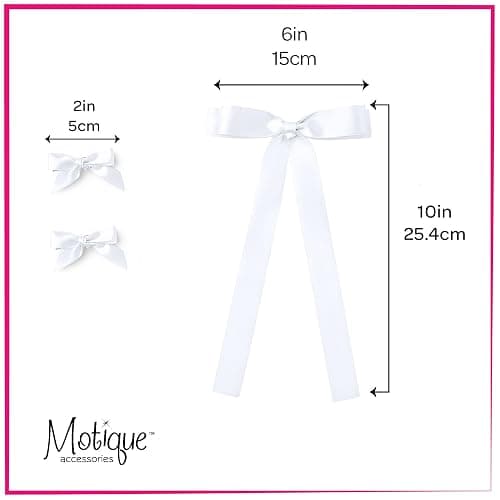 Satin Hair Bows Set of 3, 2 Mini Ribbon Bows and 1 Thick Ribbon Bow with Tails (White) thumbnail 5