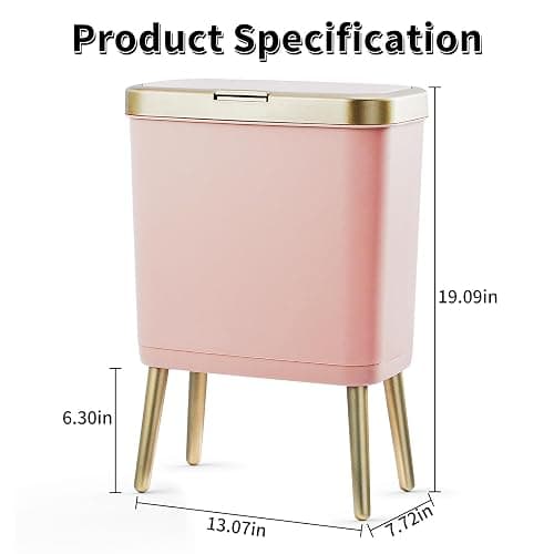 Procade Bathroom Trash Can with Lid, 4 Gallon Pink Garbage Can, Tall Plastic Trash Bin with Push Button, Slim Gold Trash Can Waste Basket for Room, Bedroom,Office,Kitchen thumbnail 5