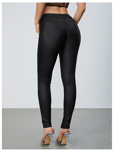 MakeMeChic Women's Faux Leather Stretch Skinny Pants High Waisted Double Button Leggings Club Party Pants thumbnail 2