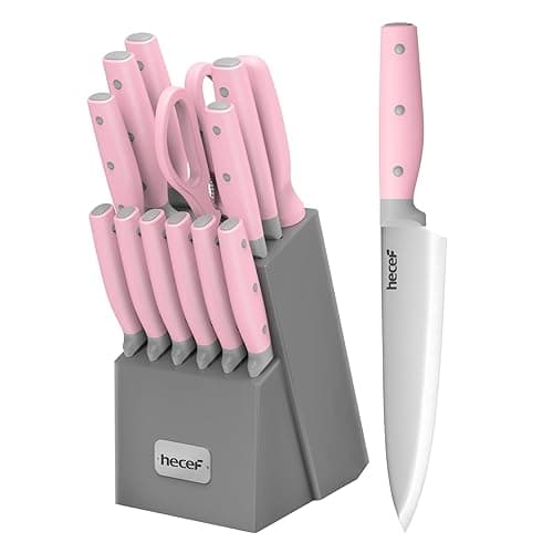 hecef Kitchen Knife Block Set, 14 Pieces Knife Set with Wooden Block & Sharpener Steel & All-purpose Scissors, High Carbon Stainless Steel Cutlery Set (Pink) - Image 1