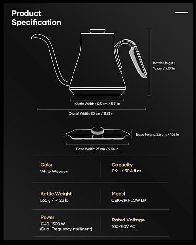 Cocinare FLOW B9 Gooseneck Electric Kettle, Precise Temperature Control for Pour-Over Coffee & Tea Brewing, Stainless Steel Interior, Rapid Heating for Boiling Water 0.9L (Morandi White) thumbnail 8