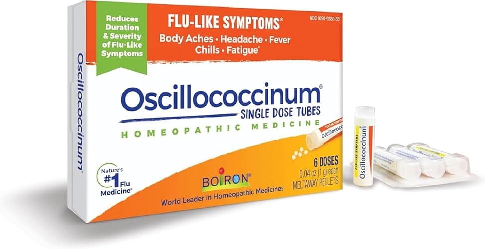 Boiron Oscillococcinum for Relief from Flu-Like Symptoms of Body Aches, Headache, Fever, Chills, and Fatigue - 6 Doses - Image 1