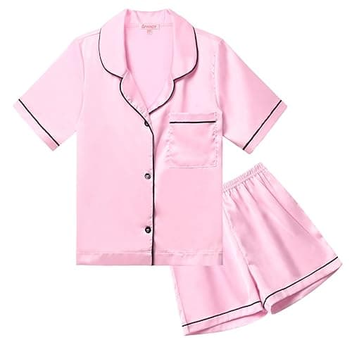 QPANCY Kids Satin Pajamas Sets Baby Boy Girl Button-Down Silk Sleepwear 2 Piece Short Sleeve Loungewear Clothes Set