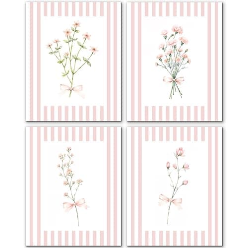 JINYO Coquette Pink Bow Floral Wall Art Prints Set of 4, Floral Room Decor, Preppy Pink and White Striped Flower Posters Pictures Wall Decor for Girls Room Bedroom Dorm Home, 8x10 Unframed - Image 1