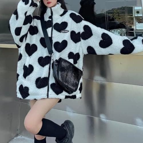 Sumleno Women's Fleece Sherpa Jackets Reversible Kawaii Heart Print Fuzzy Zip Up Cutecore Coats Aesthetic Y2k Gyaru Clothes thumbnail 6
