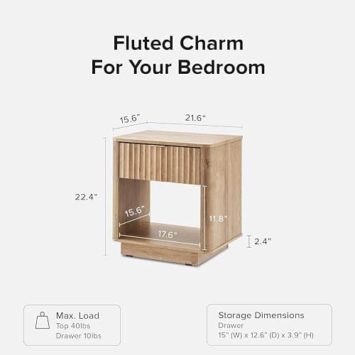 mopio Brooklyn Fluted Nightstand, Modern Farmhouse Nightstand, Small Side, Wood Bedside Table with Drawer, End Table with Storage, Fluted Night Stand, Curved Profile (Golden Oak, Single) thumbnail 2
