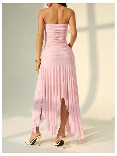 SOLY HUX Women's Sleeveless Strapless Irregular Ruffle Tube Dress Mesh Evening Night Party Long Dresses thumbnail 3