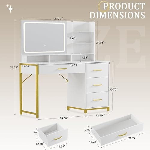 COMHOMA Vanity Desk with Mirror and Lights, Makeup Vanity Table with 4 Drawers & Storage Shelves, Large HD Mirror, 3 Color Modes & Adjustable Brightness, Modern Dressing Table for Bedroom, Pearl White thumbnail 2