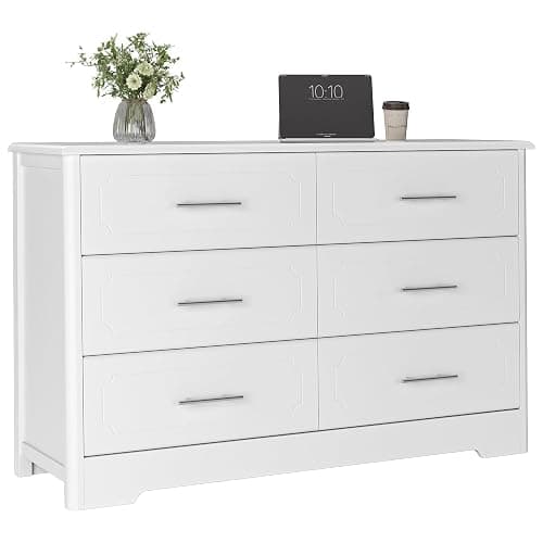 NEEEED THIS.    HOSTACK 6 Drawer Dresser, Modern White Double Dresser, Wide Chest of Drawers with Metal Handels, Accent Wood Storage Chest Organizers for Living Room, Hallway, Entryway (Trapezoid/White) thumbnail 10