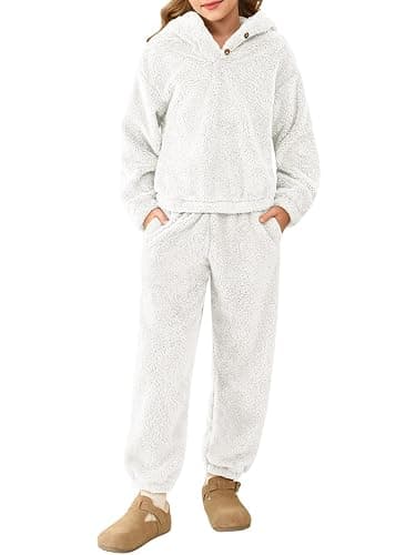 Haloumoning Girls 2 Piece Outfits Kids Fuzzy Bear Ear Hoodies Pullover Sweatshirt and Sweatpants Cute Clothing Sets - Image 1