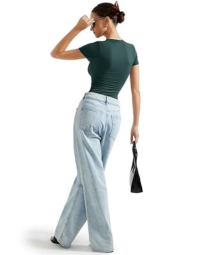 SUUKSESS Women Double Lined Fitted Basic Tee Crew Neck Short Sleeve Y2K Crop Top thumbnail 8