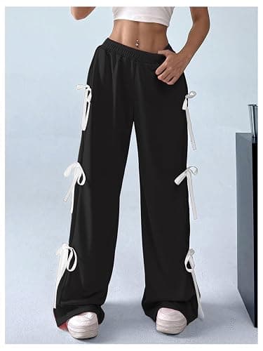 Verdusa Women's Baggy Sweatpants Elastic Waist Casual Bow Wide Leg Pants with Pocket Y2K Going Out Travel Pants thumbnail 3