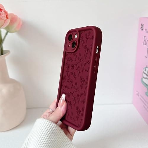 NITITOP Compatible with iPhone 14 Case Cute Flowers Floral Leaves Design for Women Girls Stylish Artistic Soft TPU Shockproof Protective Full Camera Protection Cover - Wine Red thumbnail 6