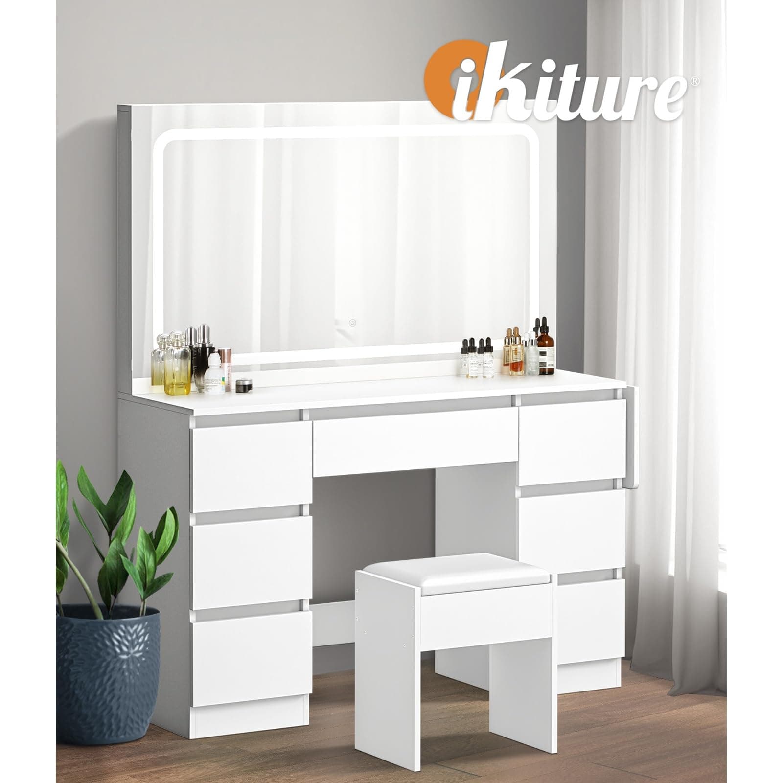 Oikiture Makeup Vanity with LED Light Mirror Dressing Table with 7 Drawers thumbnail 8