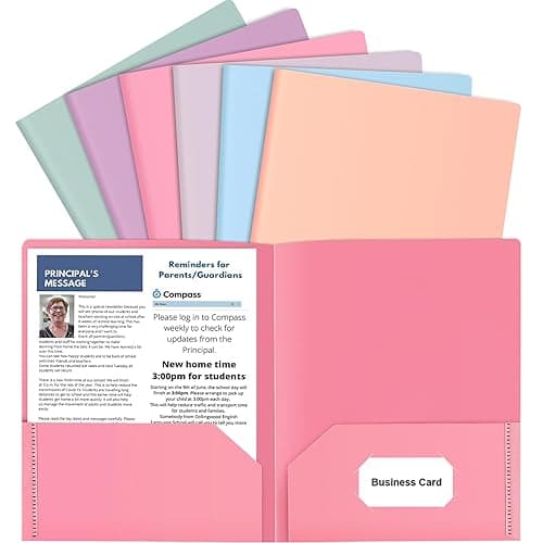 HABGP 6 Pack Colored File Folders with Pockets and Business Card Holder, Pastel Decorative Pocket Folders for Documents, Cute Plastic Folders for Filing Cabinet, School, Office, Resume Portfolio - 6 Pack