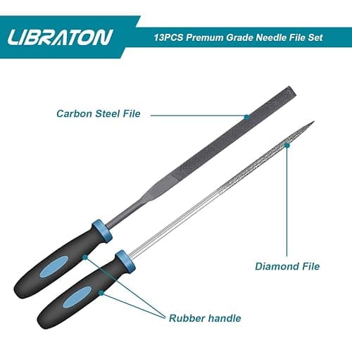 LIBRATON Small File Set, Needle Diamond Files 13PCS, 6pcs Jewlers & 6 Steel for Precision Metal Work, Wood, Woodworking, Plastic Carving Tool with Brush and Carry Case thumbnail 5