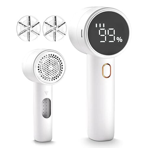 Fabric Shaver, Lint Remover Rechargeable, Electric Portable Sweater Defuzzer with 3 Speeds, 6 Leaf Blades, Digital LED Display to Remove Pilling for Clothes, Furniture, Sweater, Couch, Blanket - White - Image 1