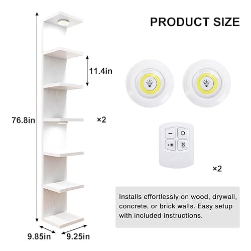 Fixwal 7 Tier Wall Mounted Shelf Set of 2 White Lack Wall Shelf with LED Lights Floating Shelves for Home Decor Organizer Display thumbnail 3