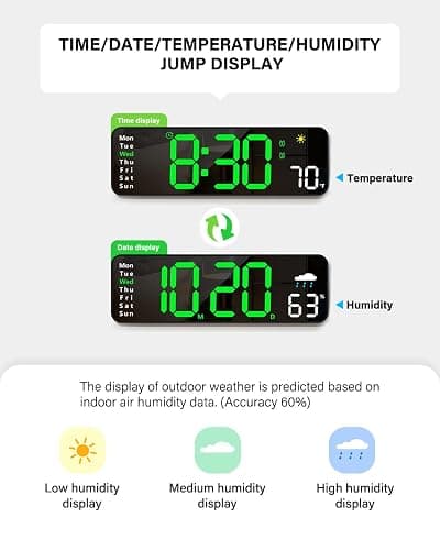 Digital Wall Clock, Digital Clock Large Display with Remote Control, Corded LED Alarm Clocks with Date, Week, Temp, Humidity, Auto DST, Countdown, for Living Room Bedroom Classroom Office (Green) thumbnail 4