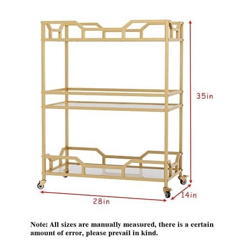 LORMITER Square Gold Bar Carts with 3 Tier Storage Glass Shelves Holder Home Serving Bar Carts on Wheels for Kitchen, Bar, Dinning Room - Square Carts thumbnail 3
