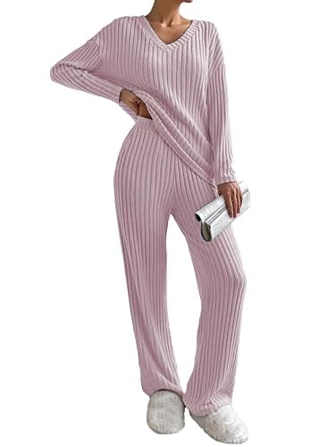 Famulily Womens Pyjamas Set Nightwear, Ladies Ribbed 2 Piece Outfits Loungewear Sets Leisure Suits Homewear V Neck Long Sleeve Jumpers and Wide Leg Trousers with Pockets - Image 1