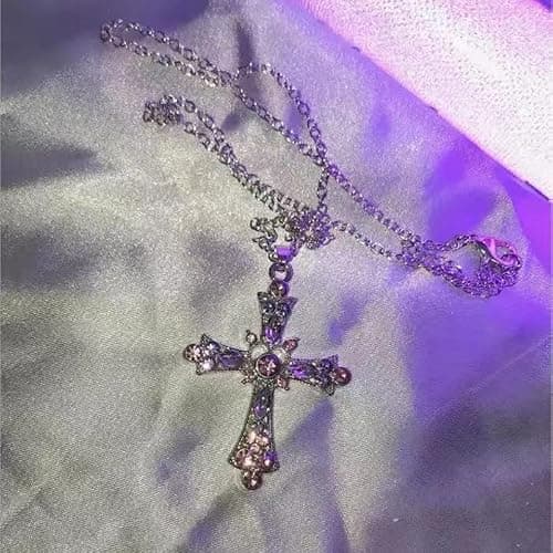 GSTARL Pink Crystal Cross Pendant Necklace Gothic Punk Indie Cros Zircon Choker for Egirl Eboy Woman silver thumbnail 2