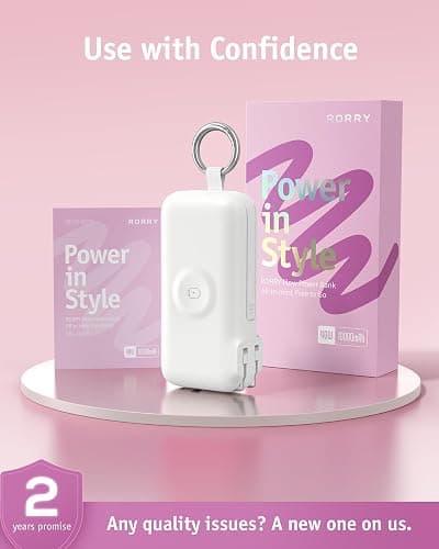 RORRY Flow Portable Charger 10000mAh 40W Wall Plug Power Bank Battery Pack | Built-in USB-C Cable, Keychain Design, Fast Charging, for iPhone 18 Pro/17/16/15, Apple Watch, iPad, Travel Essential thumbnail 2