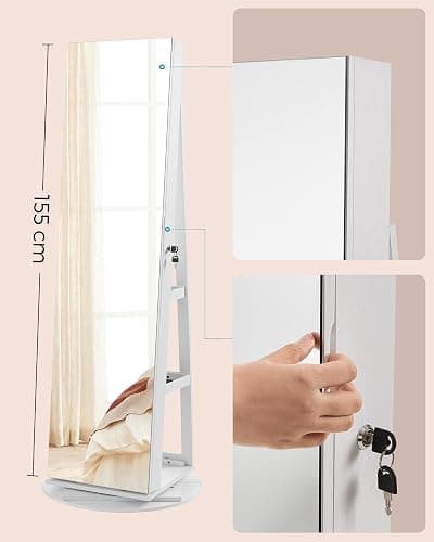 SONGMICS JJC007W01 Schmuckschrank mit Spiegel auf Füßen, abschließbar, mit 6 LEDs, Schmuckaufbewahrung, um 360° drehbar, rahmenlos, 3 Ablagen, weiße Oberfläche, schwarze Innenauskleidung thumbnail 9