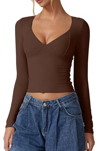 QINSEN Women's Long Sleeve V Neck T Shirts Double Lined Crop Top Seamed Cup Going Out Tops - Image 1