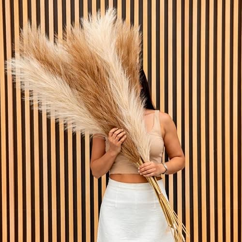 43"/3.6 ft Faux Tall 3Pcs Fluffy Large Pampas Grass Boho Decor-Floral Pompas Stems for Decoration-Feather Floor Vase Filler-Long Artificial Fake Dried Flowers for Home & Room (Beige & Brown) - Image 1