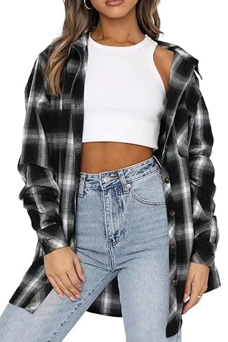 CHYRII Womens Button Down Flannel Shirts Long Sleeve Plaid Shackets Business Casual Blouse Top - Image 1