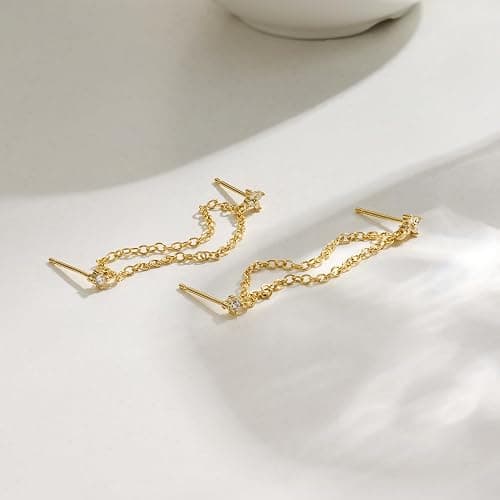 Freekiss Gold Chain Studs Earrings for Women Trendy: Hypoallergenic 14K Gold Plated Dangle Earrings Dainty Small Long Chain Earring Set Fashion Gold Jewelry for Women thumbnail 7