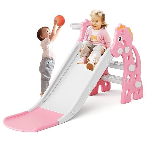 67i Indoor Slide for Toddlers 1-3, Outdoor Use, Foldable with Hoop (Pink) - Image 1