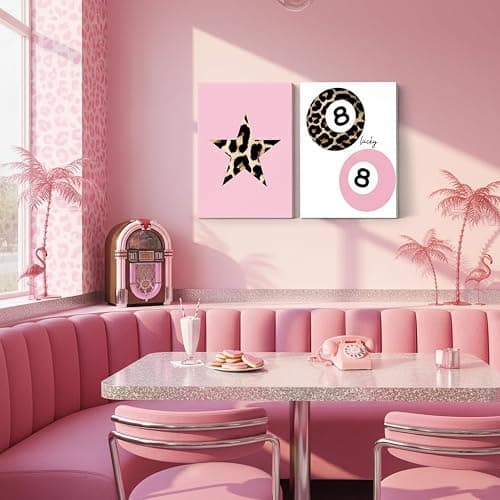 Cshylven Trendy Pink Leopard Wall Art Set of 3 Funky Retro Cheetah Canvas Wall Decor Lucky 8 Ball Poster Prints Preppy Aesthetic Pictures Artwork for Girls Room Dorm Apartment 12x16 Framed thumbnail 8
