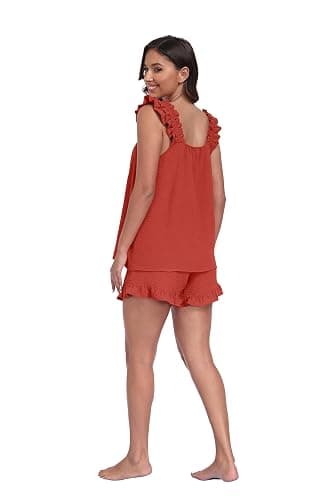 Lepunuo Pajamas for Women Summer 2 Piece Pjs Ruffle Tank Shorts Sleepwear | Cute Bridal Pajama Outfits,Lightweight,Tank Top,Ruffled Shorts with Pockets,2 Piece Lounge Set thumbnail 6
