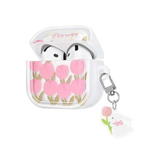 CameCosy Case Compatible for Airpods 4 Generation 2024 with Pendant, Cute Flower Cover with Pink Tulips Pattern for Girls Women, Protective Case in Shockproof Anti-Scratch Anti-Slip Anti-dust TPU - Image 1