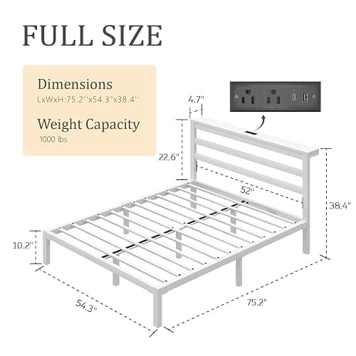 HAY.com Full Size Bed Frame with LED Light & Charging Station, Metal Platform Bed with Storage Headboard & Under-Bed Storage, Heavy Duty Slats Support, No Box Spring Needed, Noise-Free, White thumbnail 2