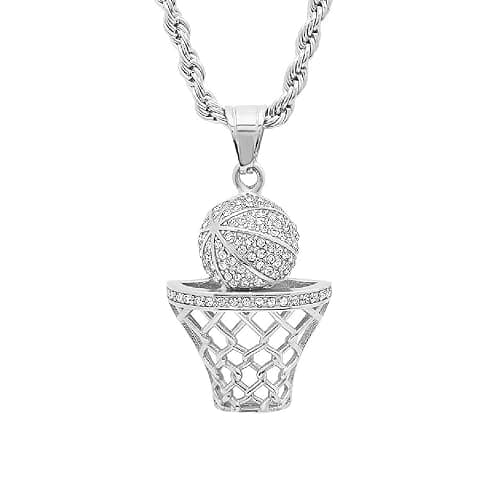 STEELTIME NYC Basketball Necklace - 18K Plated Basketball Chain with Hoop for Men, Women, Teens - Gold, Silver & Black Color Options - Stainless Steel Sports Pendant with Simulated Diamond CZ Stones - Image 1