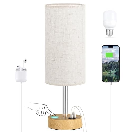 Dicoool Bedside Table Lamp for Bedroom - 3-Way Dimmable Touch Lamp, USB A+C | LED Bulb Included, 14" Small Nightstand Lamp for Desk, Living Room, Guest Room, Cream Fabric Lampshade, Wood-Grain Metal Base thumbnail 7