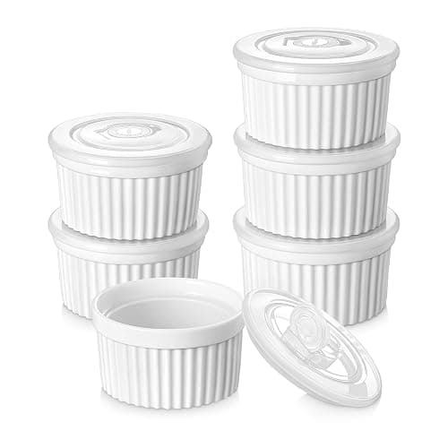 vancasso 8 oz Ramekins with Lid, Porcelain Creme Brulee Souffle Dishes, White Pudding Custard Cups Ramiken for Baking, Dishwasher and Oven Safe, Set of 6 - Image 1