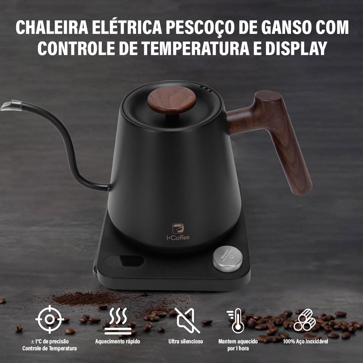 Chaleira Elétrica Gooseneck ComTermostato 600ml Para CafÃé Chá EChimarrǎo 127V,Cor Preto thumbnail 5