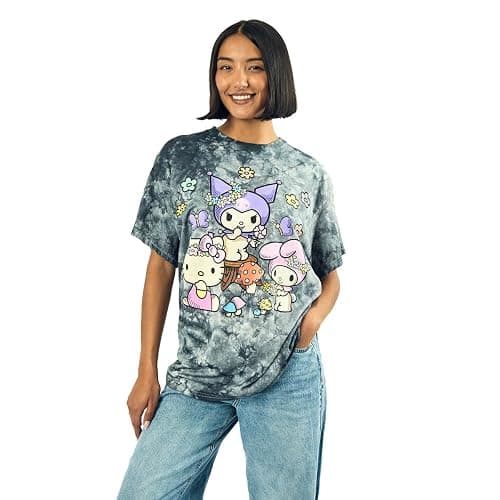 Kuromi, My Melody and Hello Kitty Puff Print Mushroom Scene Women's Black Cloud Wash Crew Neck Short Sleeve T-Shirt thumbnail 2