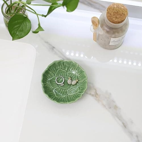 YZMICSTAR Flower Ring Dish Holder,Jewelry Dish Tray,Small Trinket Tray,Jewelry Plate Bowl,Key Bowl,Decorative Plate,Birtdhay Christmas Gifts for Women Friends,Ceramic Green thumbnail 5