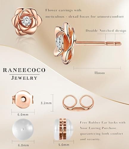 Gold Plated Sterling Silver Rose Flower Earring Studs, Hypoallergenic & Nickel Free Earrings for Women thumbnail 5